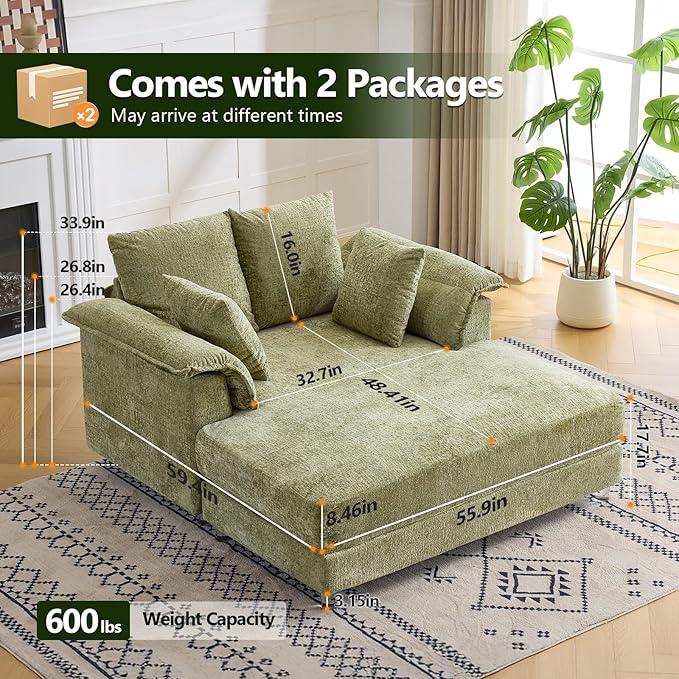 VINGLI Modern Floating Chaise Lounge Chair with Acrylic Legs, Upholstered Cushion Deep Seat Lounge Sofa with Iron-Wood KD Frame, Pillow Armrest, Accent Chair for Living Room, Play Room Apartment