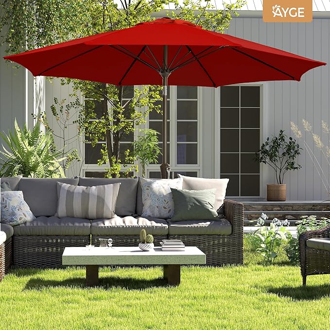 Ayge 9FT Large Outdoor Patio Umbrella Market Table Umbrella-UV Resistant, Easy Push Button Tilt and Crank, 8 Sturdy Fiberglass Ribs Heavy-Duty Pool Umbrella for Deck, Backyard,Garden,Red