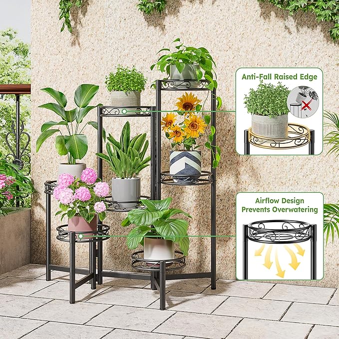 Metal Plant Stand, 7 Tier Tall Wrought Iron Plant Shelf Holder for Indoor, Outdoor Folding Tall Display Rack Flower Pot Stand for Corner Office Balcony Patio - BlackCircle