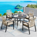 5 Pieces Patio Dining Set, 4 x Woven Rattan Chairs with Waterproof Cushion, 42” Metal Round Dining Table with Umbrella Hole, Outdoor Table and Chairs Set for Backyard Lawn and Deck, Beige
