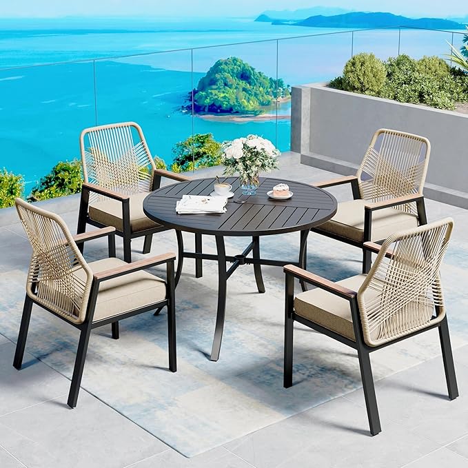 5 Pieces Patio Dining Set, 4 x Woven Rattan Chairs with Waterproof Cushion, 42” Metal Round Dining Table with Umbrella Hole, Outdoor Table and Chairs Set for Backyard Lawn and Deck, Beige