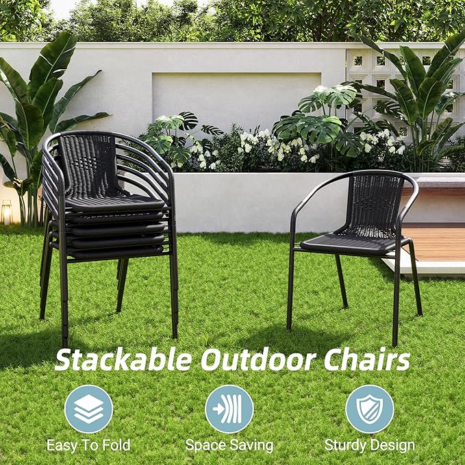 Amopatio Outdoor Dining Chairs Set of 6, Rattan Patio Chairs Wicker, Stackable Indoor-Outdoor Chair, Bistro, Deck, Yard, Porch, Restaurant Stack Chairs, Black
