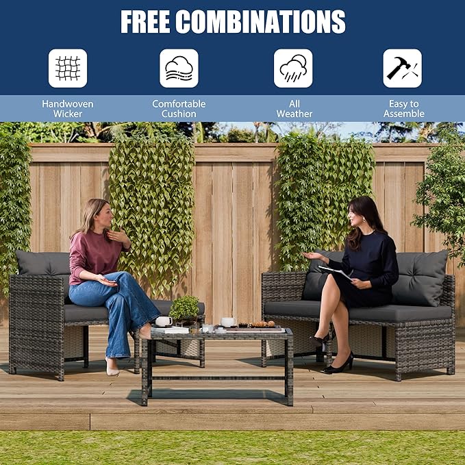 Vongrasig 3 Pieces Patio Furniture Sets, All-Weather Wicker Outdoor Sofa Couch Sectional Set, Small Conversation Set for Patio, Garden w/Cushion, Glass Table, (Grey)