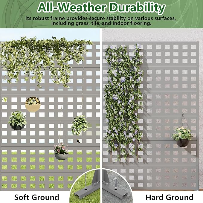 Casaphoria Metal Privacy Screen Outdoor, 72" H x 47" W Freestanding Decorative Privacy Screen for Patio Deck Balcony Garden with Stable Base, Grey-Square