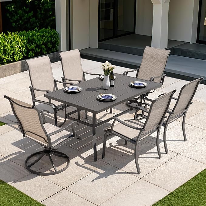 NUU GARDEN 7-Piece Outdoor Dining Table Set, All Weather Table with Umbrella Hole & 6 Patio Textilene Chairs - Outdoor Furniture for Porch, Backyard, Garden, Poolside and Deck