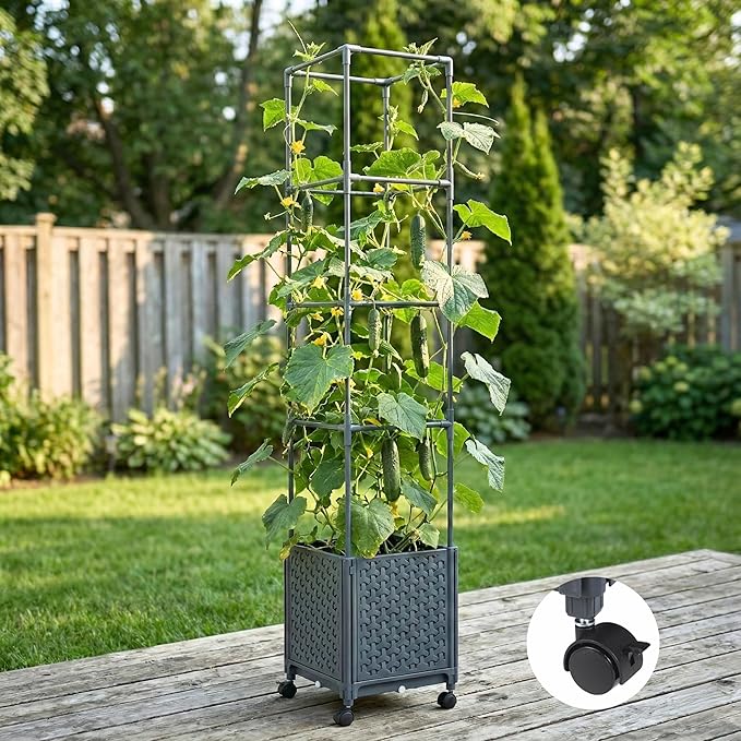 Raised Garden Bed with Tomato Planter Cage, 56.7” Trellis Planter Boxes with Wheels for Outdoor Patio Greenhouse Gardening Climbing Vegetables