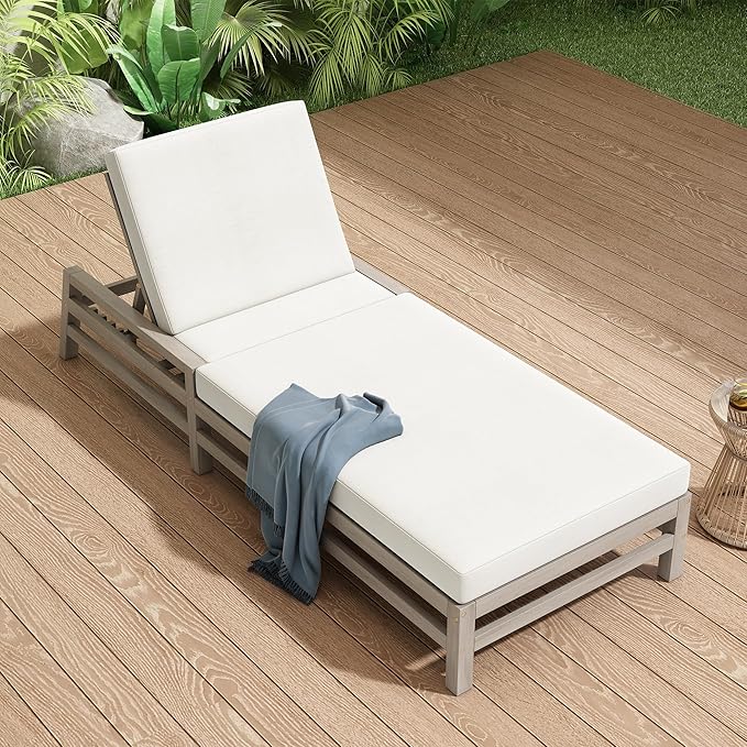 LUMISOL Patio Chaise Lounge Chair, 5-Position Adjustable Outdoor Chaise Lounge, Solid Wood Patio Recliner Chair with Thick Cushions, Weather-Resistant for Pool, Balcony, Garden, Grey