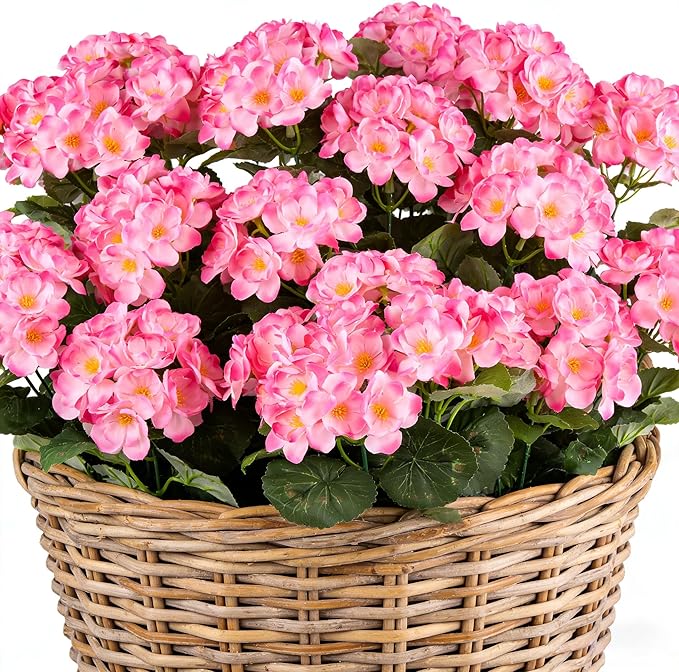Artificial Geraniums Flowers for Outdoors, 6 Bundles Realistic Silk Fake Geranium, No Fade Faux Plants for Hanging Baskets, Window Boxes, Pots - Porch, Patio, Garden Decor(Pink)