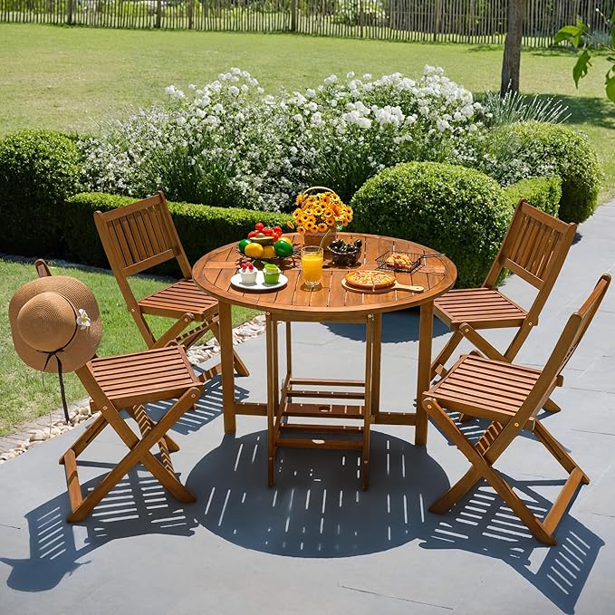 Devoko 5 PCS Patio Furniture, Patio Dining Set Acacia Wood Outdoor Table and Chairs, with 4 Folding Chairs and 37" Round Movable Table, Outdoor Dining Set for Lawn, Balcony, Garden (Light Brown)