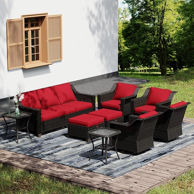 Joyside Wicker Patio Furniture Sets, 9 Pieces Upgraded Large Size Outdoor Furniture with 4 Swivel Rocking Patio Chairs, 3-Seat Sofa, Outdoor Ottoman, Thick Cushions, Wide Armrest, Red