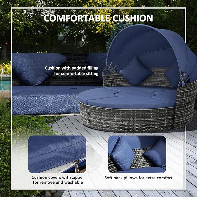 Outsunny 4-Piece Round Convertible Daybed with Cushions, Outdoor PE Rattan Patio Wicker Sofa Set, Sunbed with Adjustable Sun Canopy, Sectional Sofa, 2 Chairs, Table, 3 Pillows, Dark Blue