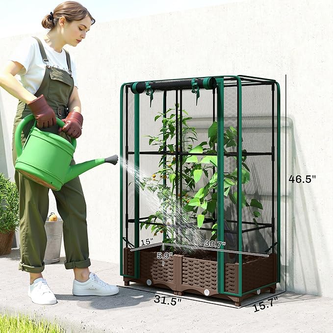 Outsunny Raised Garden Bed with Trellis, 46.5" Tomato Cage with Crop Cage, Self Watering Planter Box with Drainage Holes and Plugs for Outdoor Patio Climbing Plants, Vines, Vegetables, Flowers, Green