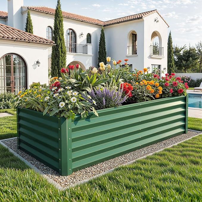 YITAHOME 6x3x3ft Large Raised Garden Bed Kit, Galvanized Metal Planter Box with Gloves, Support Rod, Outdoor Above Ground Planters for Plants Vegetables Flowers, Green