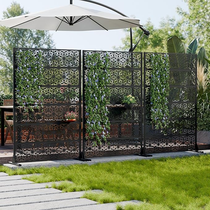 Casaphoria Metal Privacy Screen Outdoor, 72" H x 47" W Freestanding Decorative Privacy Screen for Patio Deck Balcony Garden with Stable Base, Black-Gene