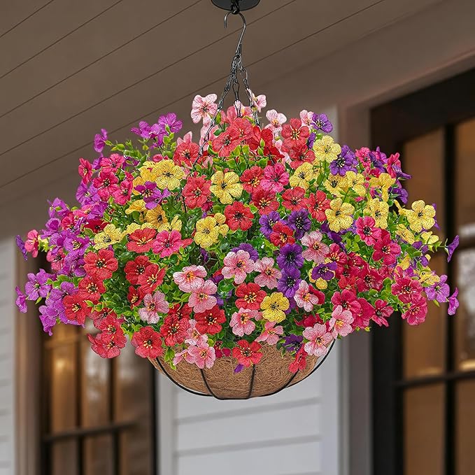 Artificial Faux Hanging Plants Flowers Basket for Outdoors Spring Summer Decoration,Hanging Planters with Fake Silk Flowers UV Resistant Realistic for Outside Porch Patio Balcony Garden （6 Multicolor）
