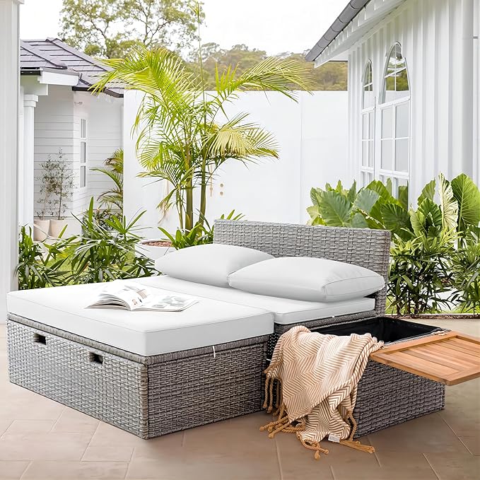 Greesum Outdoor Daybed Set Multifunctional Wicker Lounge Bed Furniture with Two Side Tables, Cushions, Storage Bench for Porch Lawn Patio Beach, OneSize, White