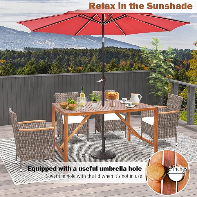 Tangkula 67" Acacia Wood Outdoor Dining Table for 6, Rectangle 6-Person Patio Table with 2" Umbrella Hole & Spacious Slatted Tabletop, Indoor Outdoor Dining Furniture for Deck, Garden, Poolside & Yard