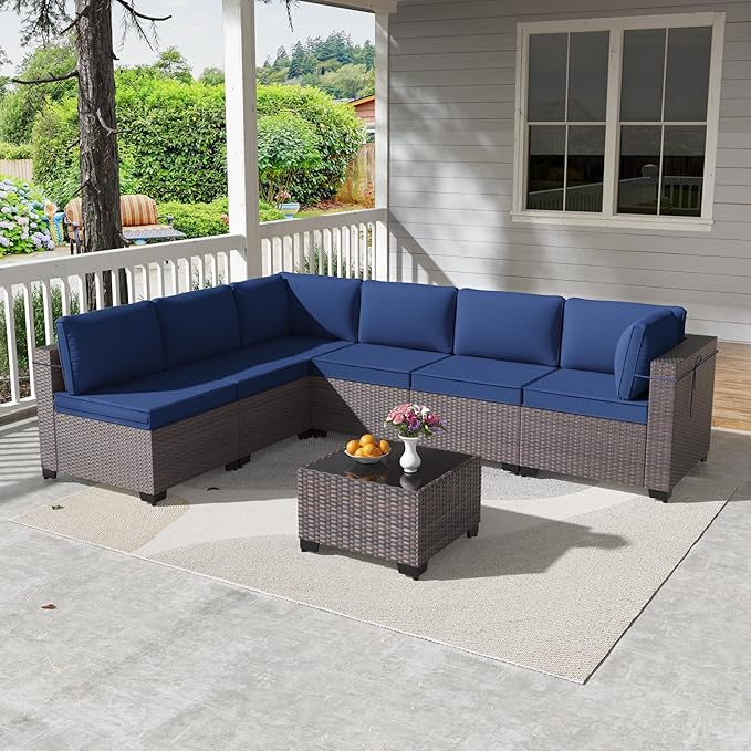 Kullavik 7 Pieces Outdoor Patio Furniture Set PE Wicker Rattan Sectional Sofa Patio Conversation Sets,Navy Blue