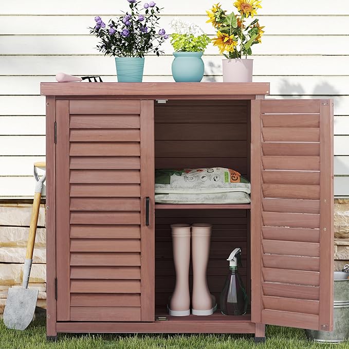 Outdoor Potting Bench with Storage Cabinet and Metal Top, Wood Workstation for Outdoor Patio, Garden (Dark Brown, 31x17x36‘’)