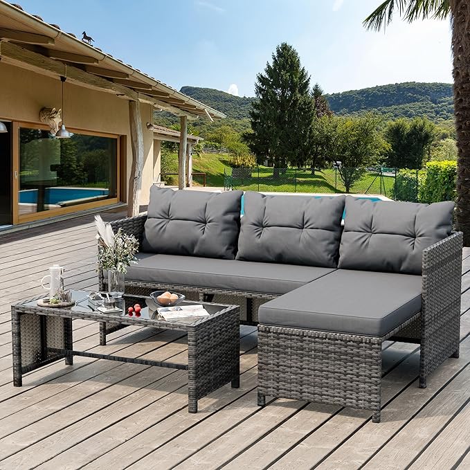 Shintenchi 3-Piece Outdoor Patio Furniture Sets, Wicker Patio Conversation Sets, All Weather Wicker Rattan Patio Seating Sofas with Glass Coffee Table and Cushion, Gray