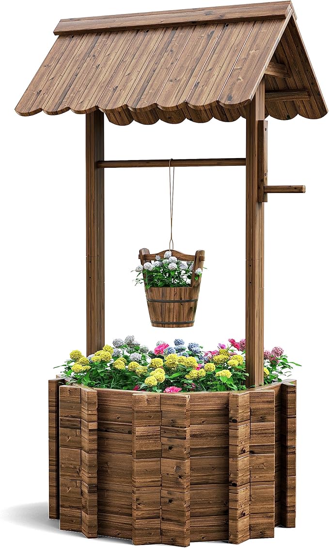 UDPATIO Wishing Wells for Outside, Wooden Wishing Well Planter for Yard, Upgrade Wishing Well with 4 Reinforced Rod & Hanging Bucket for Garden Patio Lawn Backyard Home Decor