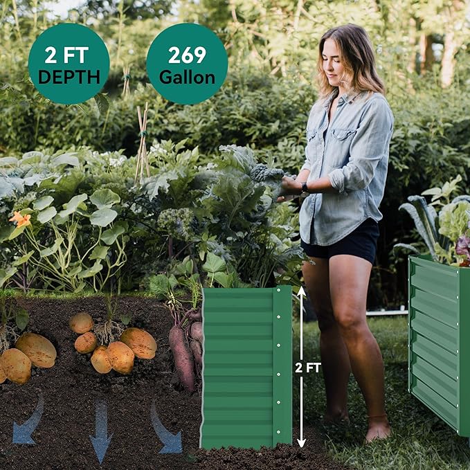 YITAHOME 6x3x2ft Outdoor Raised Garden Bed Kit, Large Metal Patio Planter Box with Gloves, Support Rod for Plants Vegetables Flowers, Green