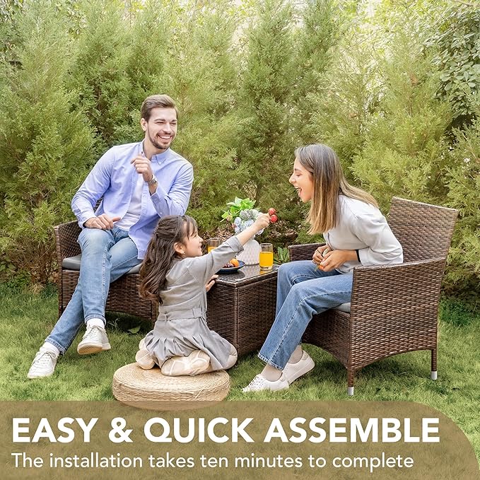 Devoko Patio Porch Furniture Sets 3 Pieces PE Rattan Wicker Chairs with Table Outdoor Garden Furniture Sets (Brown/Grey)
