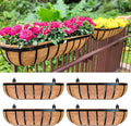 LaLaGreen Railing Planter Box (24 Inch, 4 Pack) Black Metal Rectangular Hanging Planters with Coco Liner, Flower Boxes Brackets for Deck Railings Outdoor Plants Over Rail Fence Balcony Patio Porch