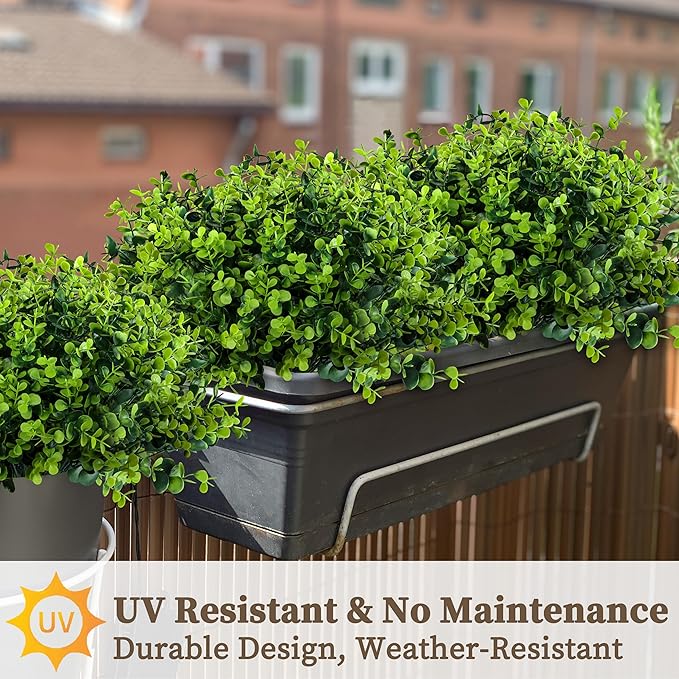 20 Bundles Artificial Greenery Boxwood Plants, Fake Plant for Garden Porch, Window Box, Home Wedding, Farmhouse, and Indoor Outdoor Decoration