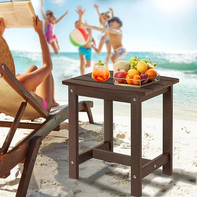 Y&M Outdoor Side Table, HIPS Adirondack Small Single Table, Waterproof Square Outside Table, Balcony Modern End Tables for Patio, Pool, Beach, Porch, Deck, Indoor or Outdoor Use (Coffee, 2 Pack)