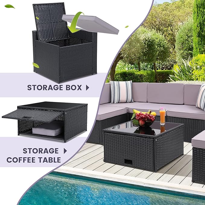 8-Piece Patio Furniture Set, Outdoor Wicker Rattan Sectional with Thick Cushions, Glass Top Table with Hidden Storage, Outdoor Conversation Set for Backyard, Porch, Patio, Light Grey