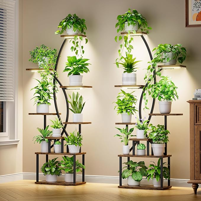 Plant Stand Indoor with Grow Lights - 8 Tiered Tall Plant Shelf, 65" Metal Corner Shelf for Indoor Plants Multiple, Large Curved Half-Moon Flower Holder Stand Display Rack for Patio, Home, 2 Pack