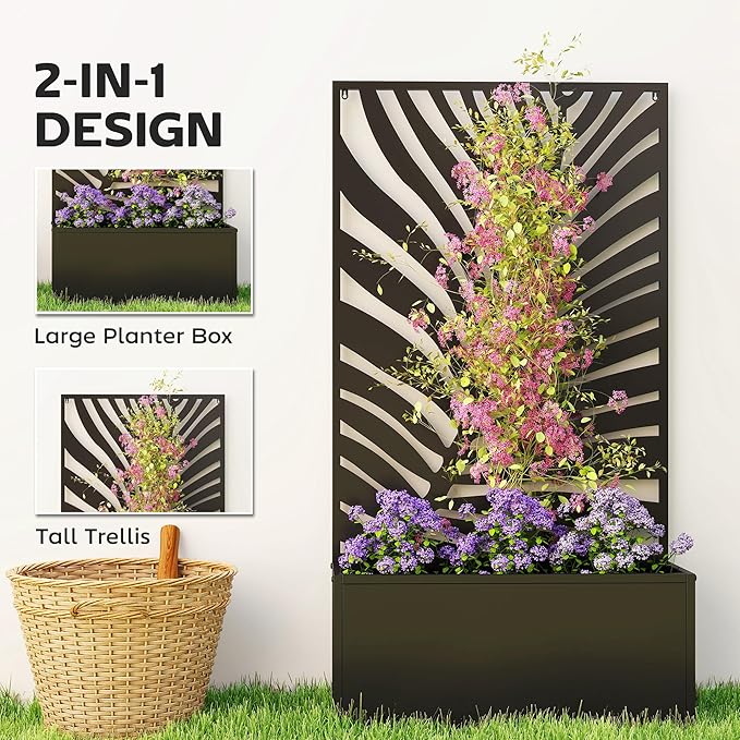 Outsunny Metal Raised Garden Bed with Trellis for Climbing Plants, Freestanding or Wall Mounted Flower Bed with Privacy Panel, Large Leaf Cut-Out Outdoor Planter Box for Garden, Patio, Balcony