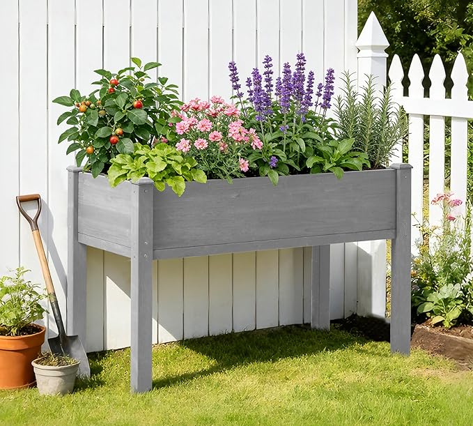 SoliWood Set of 2 Raised Garden Bed with Legs, 48x24x30'', Outdoor Wood Elevated Planter Box, Grey Cedar, Thick Legs, w/Liner