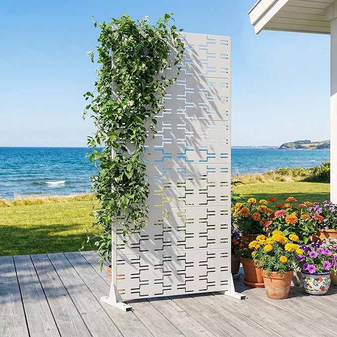 Casaphoria Metal Privacy Screen Outdoor, 72" H x 35" W Freestanding Decorative Privacy Screen for Patio Deck Balcony Garden with Stable Base, White-Brick