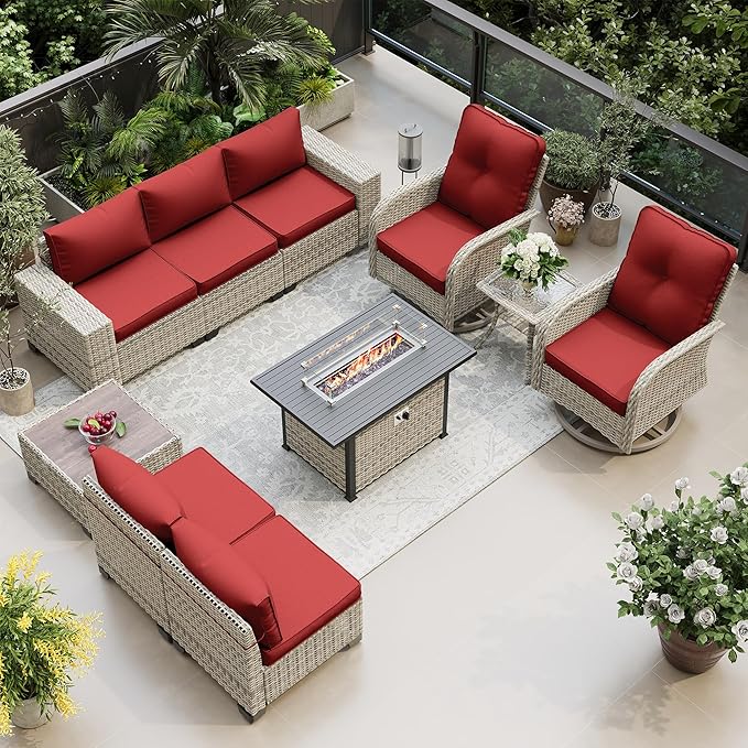 10-Piece Outdoor Patio Furniture Set with Rocking Swivel Chair, PE Wicker Rattan Sectional Sofa Patio Conversation Set with 55,000 BTU Fire Pit Table & Coffee Table, Red