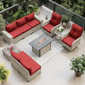 10-Piece Outdoor Patio Furniture Set with Rocking Swivel Chair, PE Wicker Rattan Sectional Sofa Patio Conversation Set with 55,000 BTU Fire Pit Table & Coffee Table, Red