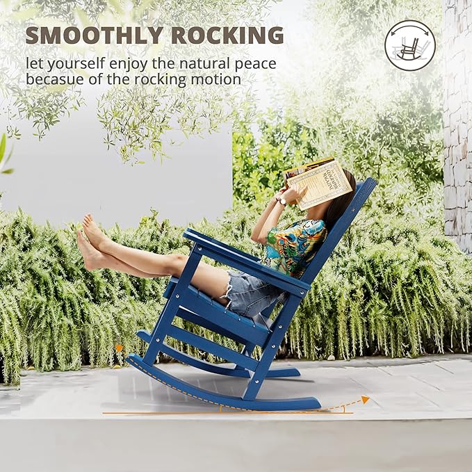 LUE BONA Outdoor Rocking Chairs Set of 4, Weather Resistant HDPS Poly Rocker Chairs, 350lb Heavy Duty, Oversized Porch Rocker for Adult, High Back Smooth Rocking for Outdoor & Indoor, Blue