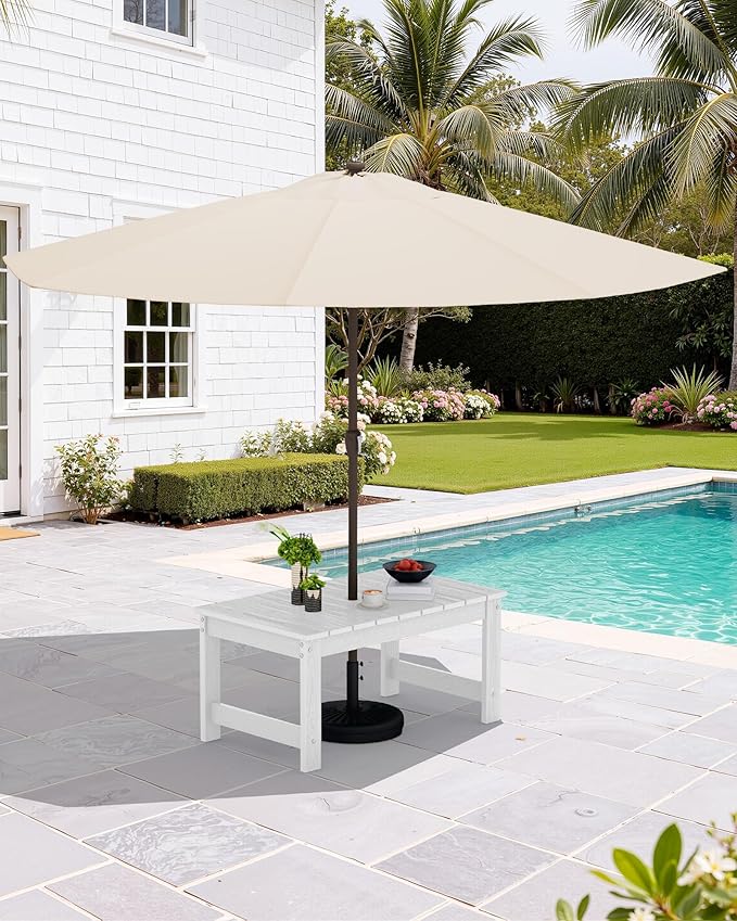 SERWALL Outdoor Coffee Table with 9FT Umbrella, HDPE Patio Coffee Table for Outside, Rectangle, White(Not Include Umbrella Base)