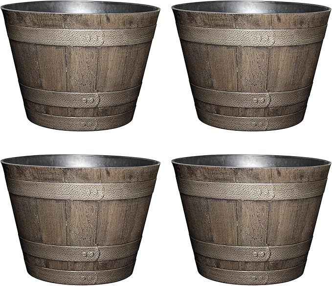 Classic Home and Garden Whiskey Plastic Resin Flower Pot Barrel Planter, Oak Brown, 20.5" (4 Pack)