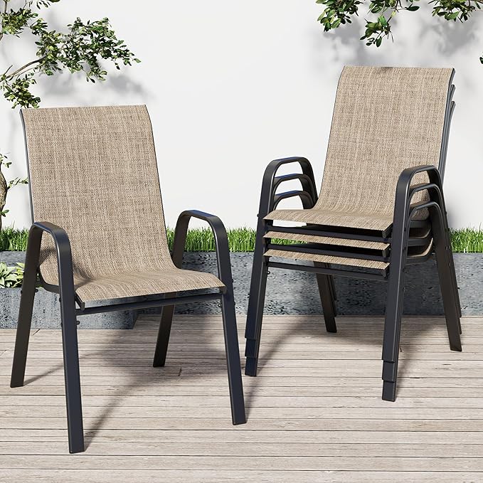 Patio Chairs Set of 4, Stackable Outdoor Dining Chairs for All Weather Textilene Fabric & Metal Frame, Outdoor Chairs Set for Backyard Deck Garden (Brown, Set of 4)
