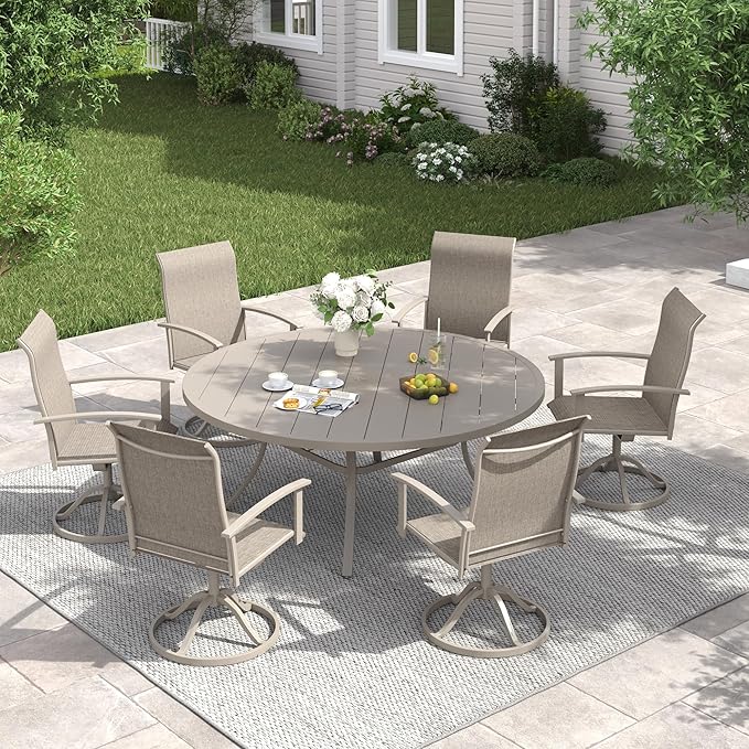 VICLLAX 50" Outdoor Round Patio Table with Umbrella Hole, All Weather Metal Round Outdoor Dining Table for Lawn Garden, 6-8 Person Table, Sandshell