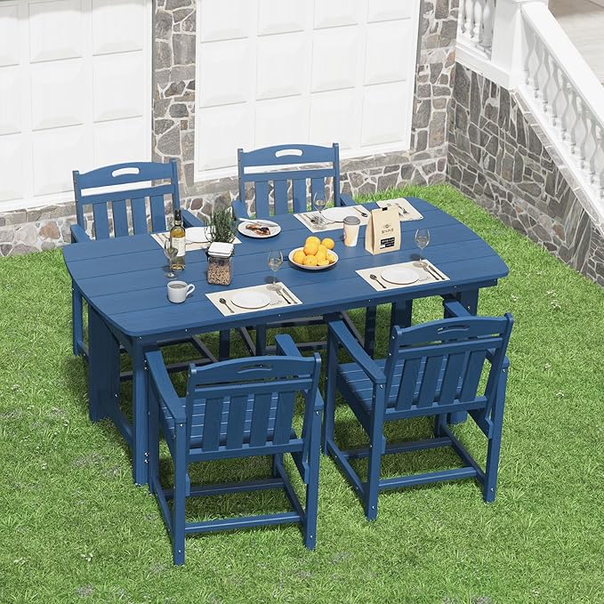 HDPE Outdoor Patio Dining Set with Table & 4 Chairs, All-Weather 5-Piece Outdoor Table and Chairs, 2" Umbrella Hole, Patio Furniture for Garden, Backyard, Deck | Navy Blue