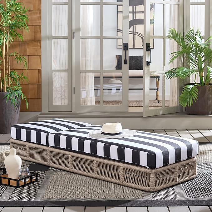 SAFAVIEH Outdoor Patio Furniture Collection - Gillian Heather Tan Rope Daybed, Black Stripe Cushion, Coastal Sunlounger, Fully Assembled (PAT7527E)