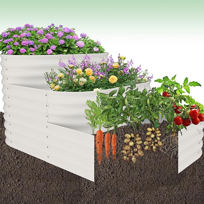 Galvanized Raised Garden Bed Kit - 61x42x31 in Outdoor Planter Box for Vegetables, Herbs, Flowers. Modular 3-in-1 Raised Garden Beds Outdoor with Open Base, Garden Box for Deep Root Growth, White