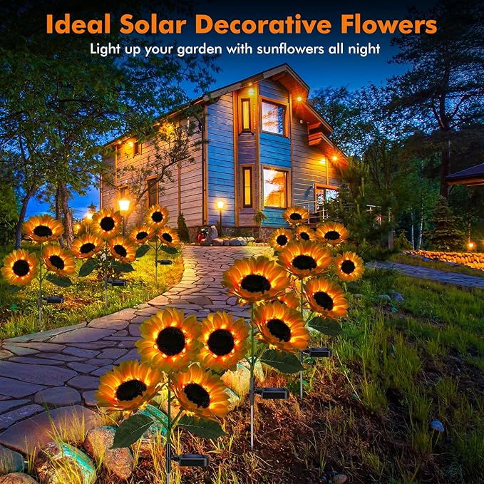 Solar Sunflower Lights, 800mA Solar Garden Light with Real Looking Flowers Outdoor Waterproof Solar Stake Lights for Back Yard, Flower Bed, Pathway, Patio, Porch, Spring Decoration (2 Pack)