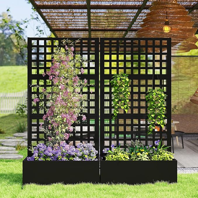 Outsunny Galvanized Raised Garden Bed with Trellis, Metal Planter Box with Drainage Holes, Outdoor Privacy Screen for Climbing Plants, Vegetable, Vines, 35" x 16" x 70", Black