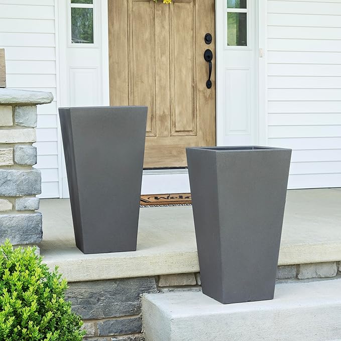 Step2 Tremont Tall Square Tapered Planter, Large Planters for Outdoor Plants, Gardening and Flower Pot for Patio or Porch, Efficient Drainage, Durable Plastic, Dark Cedar, 2-Pack