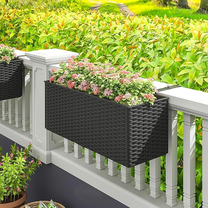 Outsunny Railing Planter Box (2 Pack, 20 Inch), Hanging Flower Pots with Hooks, Drainage Holes for Fence, Balcony, Garden, Patio, Rattan Look, Black