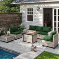 7-Piece Outdoor Patio Furniture Set with 55,000 BTU Fire Pit Table, PE Wicker Rattan Sectional Sofa Patio Conversation Set with Thickened Cushions & Coffee Table, Dark Green